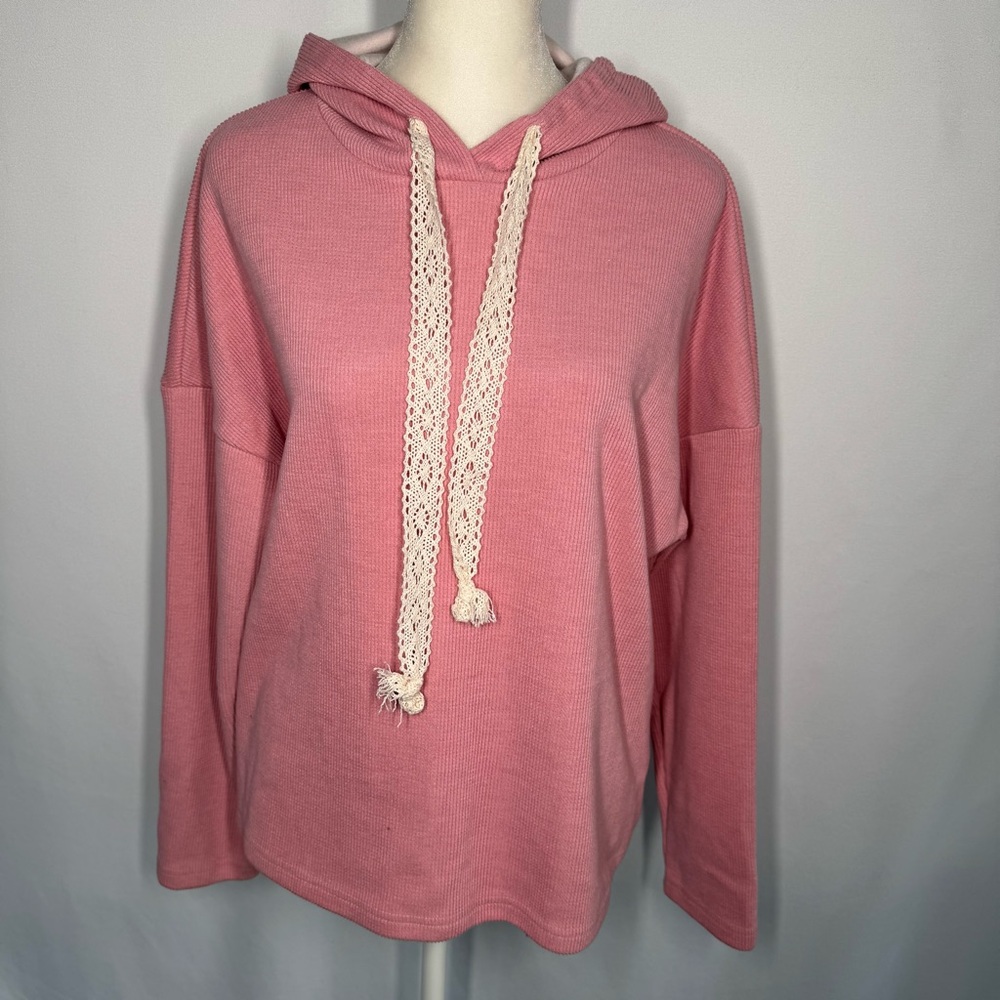 LoveBug Boutique Women's Ribbed Pink Hoodie with Lace Cream Drawstrings